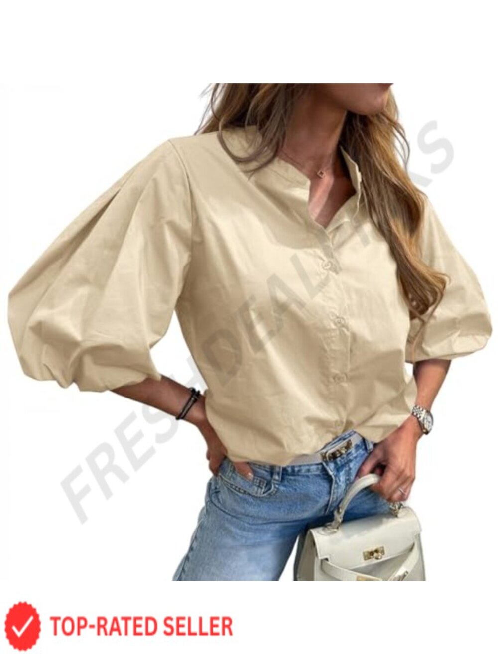 Women's Puff Sleeve Button Down Blouse Loose Fit 100% Cotton